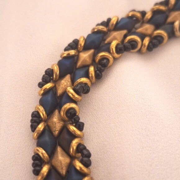 Artisan Beaded Black and Gold Metallic Diamond Dragon Scale Large Bracelet - Picture 5 of 5